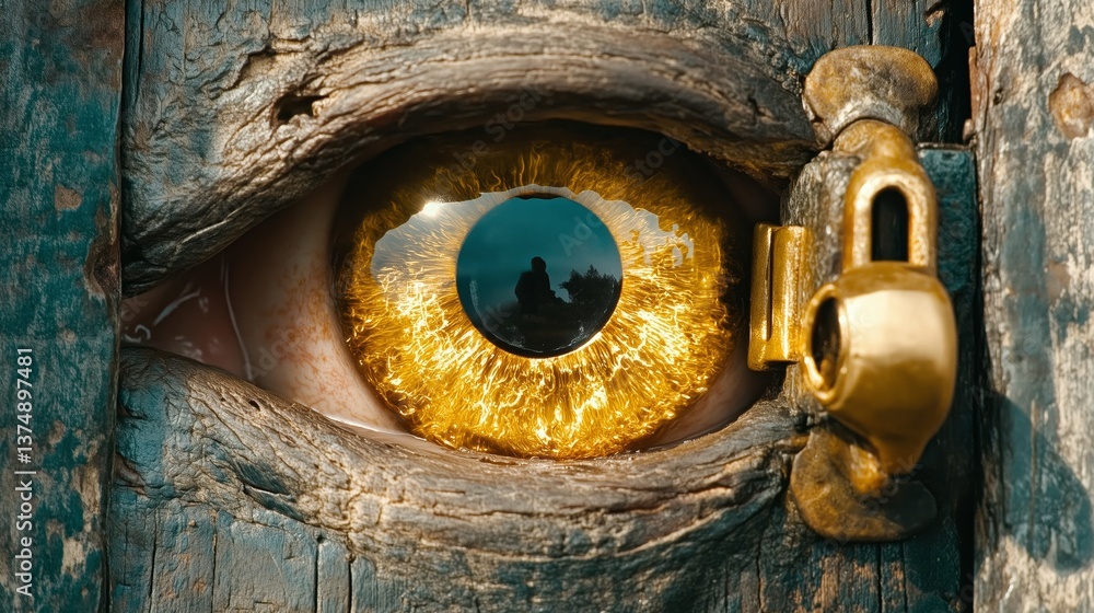 Poster a striking visual representation of cybersecurity, showcasing a large, golden eye peering through a 
