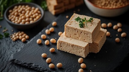 Soybeans, tofu, tempeh and soy meat on black chalkboard