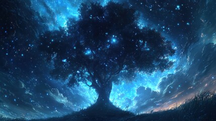 Mystical Night: A Glowing Tree Under a Starry Sky