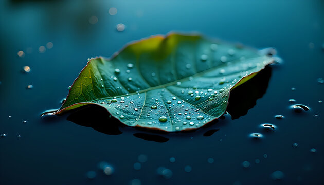 a green leaf on a blue surface with drops of water on it