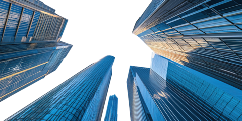 Transparent PNG big metropolitan city from below at daytime, isolated background. Tall corporate skyscrapers, modern urban lifestyle, business, commerce, office buildings