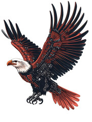 Robot eagle soaring with steel wings in dynamic vector style t-shirt design illustration