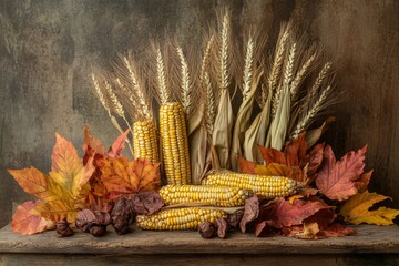 Vibrant autumn elements like corn, wheat, and colorful leaves are artistically arranged on a rustic wooden surface, celebrating the harvest Generative AI