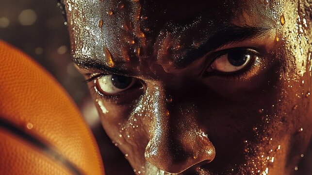 Close-up of an athlete's face with intense focus, glistening with sweat and illuminated by low light, holding a basketball in a dynamic pose