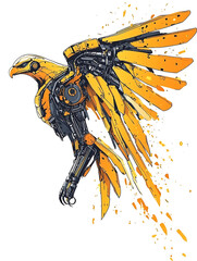 Robot eagle soaring with steel wings in a dynamic t-shirt design illustration showcasing futuristic avian power in flight