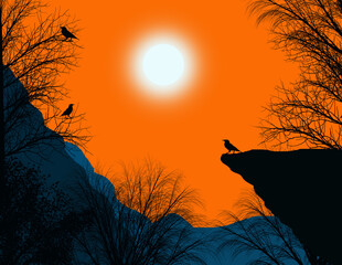 Sunset Silhouette Birds and Trees