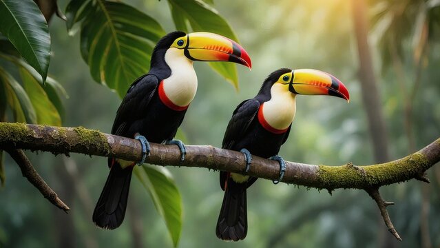 Two Toco Toucans Perched in Tropical Rainforest, Tropical Rainforest, Jungle, Outdoors