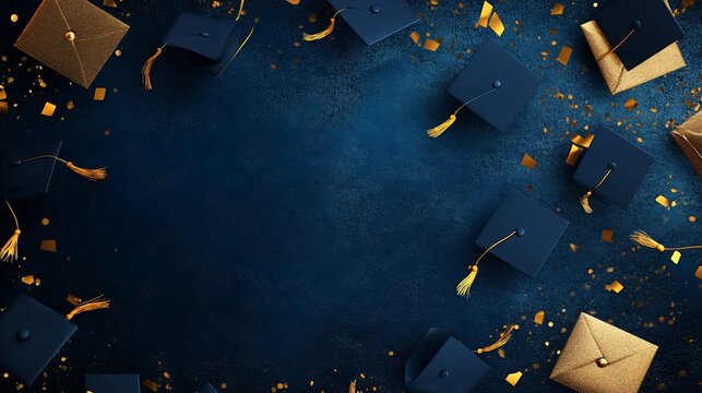 Elegant Graduation Celebration Backdrop with Caps and Glitter Confetti