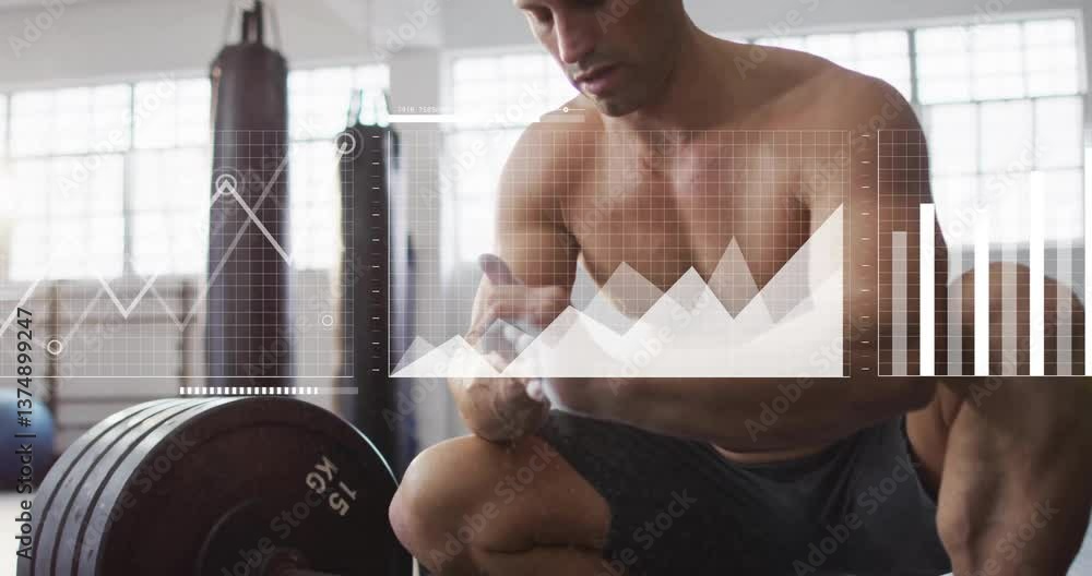 Poster in gym, shirtless man exercising with animation of data charts on screen