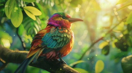 Obraz premium Vibrant Tropical Bird Perched in Sunlit Forest
