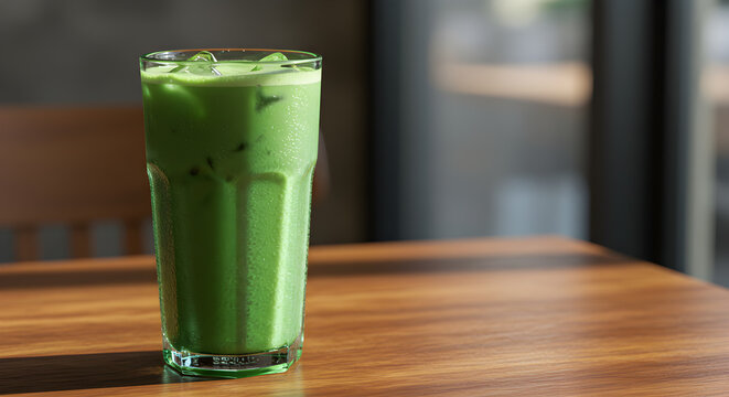 Refreshing cold pandan latte in a tall green glass served on a wooden table