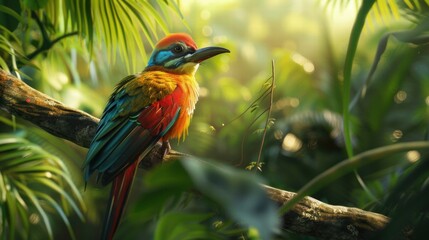 Fototapeta premium Exotic Bird Resting in Lush Greenery with Sunlight