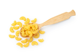 Raw horns pasta in spoon isolated on white, top view