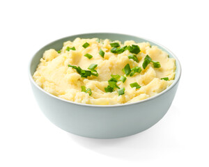 Delicious mashed potato with green onions in bowl isolated on white