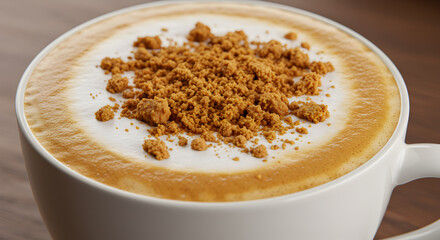 Aromatic latte with crumbled speculoos on creamy foam for a delightful morning treat