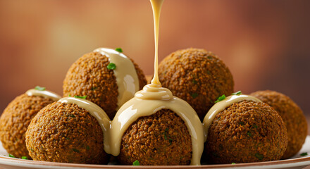 Exquisite falafel balls cascade with creamy tahini, culinary delight close-up
