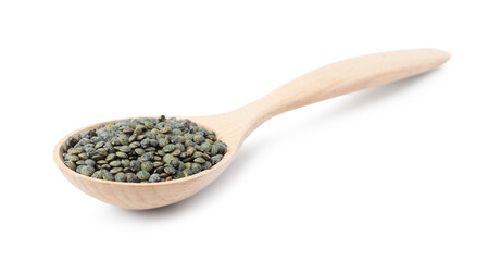 Raw lentils in wooden spoon isolated on white