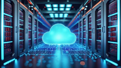 Futuristic Server Room Showcasing Modern Digital Technology With Glowing Cloud Icon, Representing Hybrid Cloud Network And Serverless Architecture.