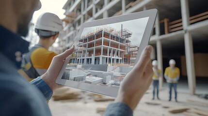 A construction worker holding a digital tablet displaying a 3D model of a building project at a construction site with workers engaged in various tasks in the background