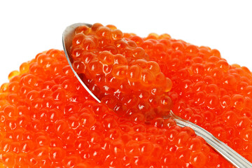 Spoon with delicious red caviar isolated on white