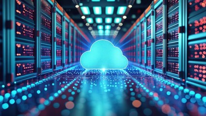 Futuristic Server Room Showcasing Modern Digital Technology With Glowing Cloud Icon, Representing Hybrid Cloud Network And Serverless Architecture.