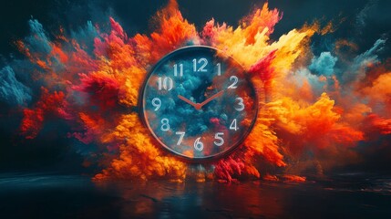 Colorful Explosion Surrounds Classic Clock with Vibrant Smoke Effects