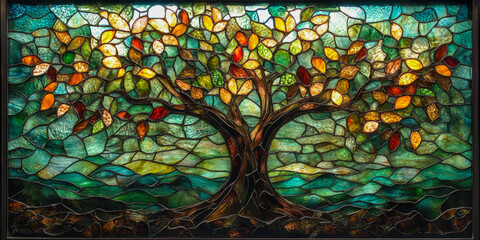 Stained glass window showcasing a vibrant tree with multicolored leaves in a decorative style