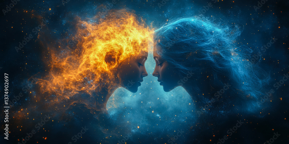 Poster surrealist representation of two abstract human figures merging elements of fire and ice in a cosmic