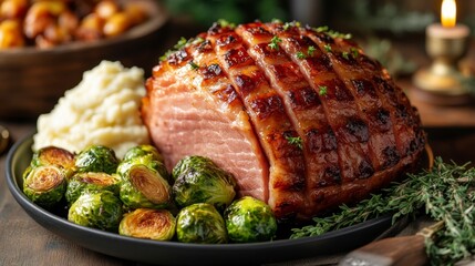 Glazed Ham with Mashed Potatoes and Brussels Sprouts on Plate