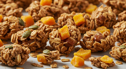 Artisan granola clusters with dried mango offering a delightful textural experience