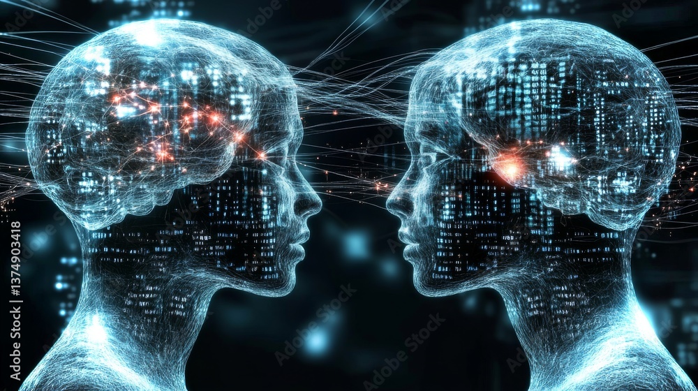Poster visualization of neural data showcasing human connection and communication in a futuristic setting