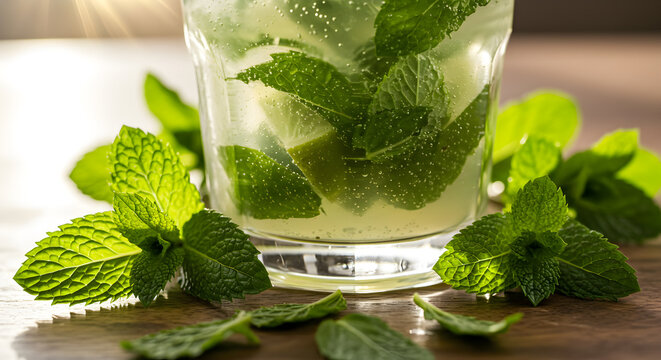 Refreshing mojito glass with vibrant mint leaves for a summer beverage delight