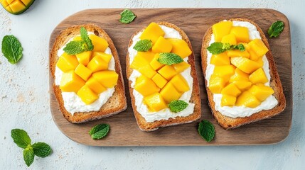 A vibrant display of mango-topped toast, adorned with fresh mint leaves, showcasing a delicious and healthy snack option.