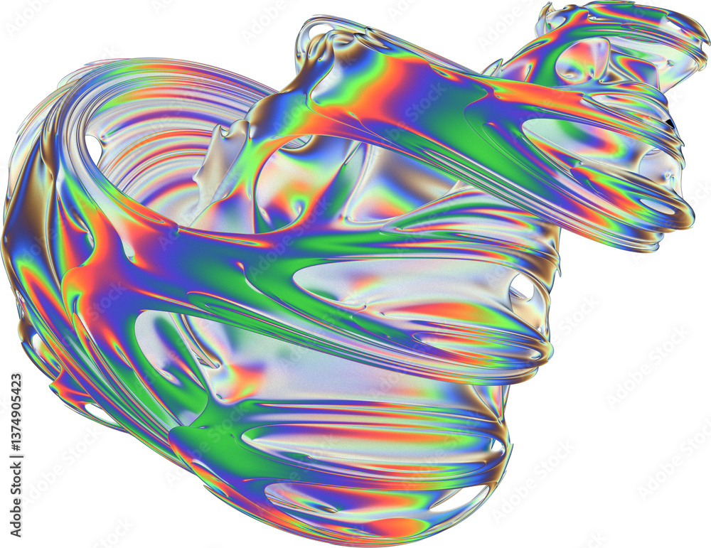 Poster iridescent abstract shape with neon rainbow colors and fluid flowing design. ideal for futuristic ba