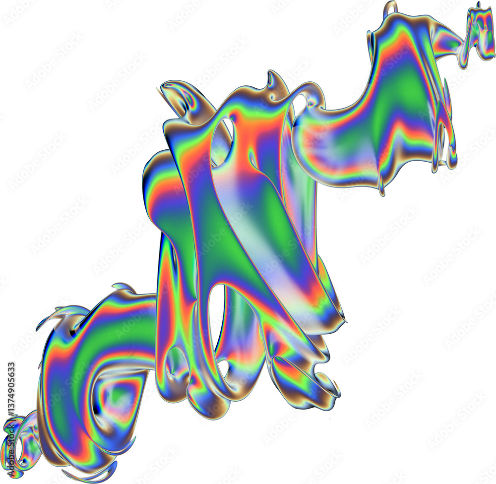 Poster iridescent abstract shape with neon rainbow colors and fluid flowing design. ideal for futuristic ba
