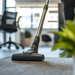 clean office with person vacuuming natural looking