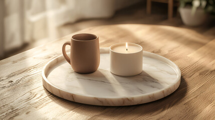 Obraz premium Relaxing scene: Coffee cup and candle on a stylish marble tray in the gentle morning light.