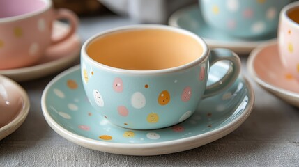 Fototapeta premium Colorful Ceramic Cups and Saucers with Pastel Dots and Patterns