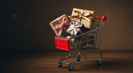 Mini shopping cart filled with gift boxes - giving & gratitude - ecommerce promotion