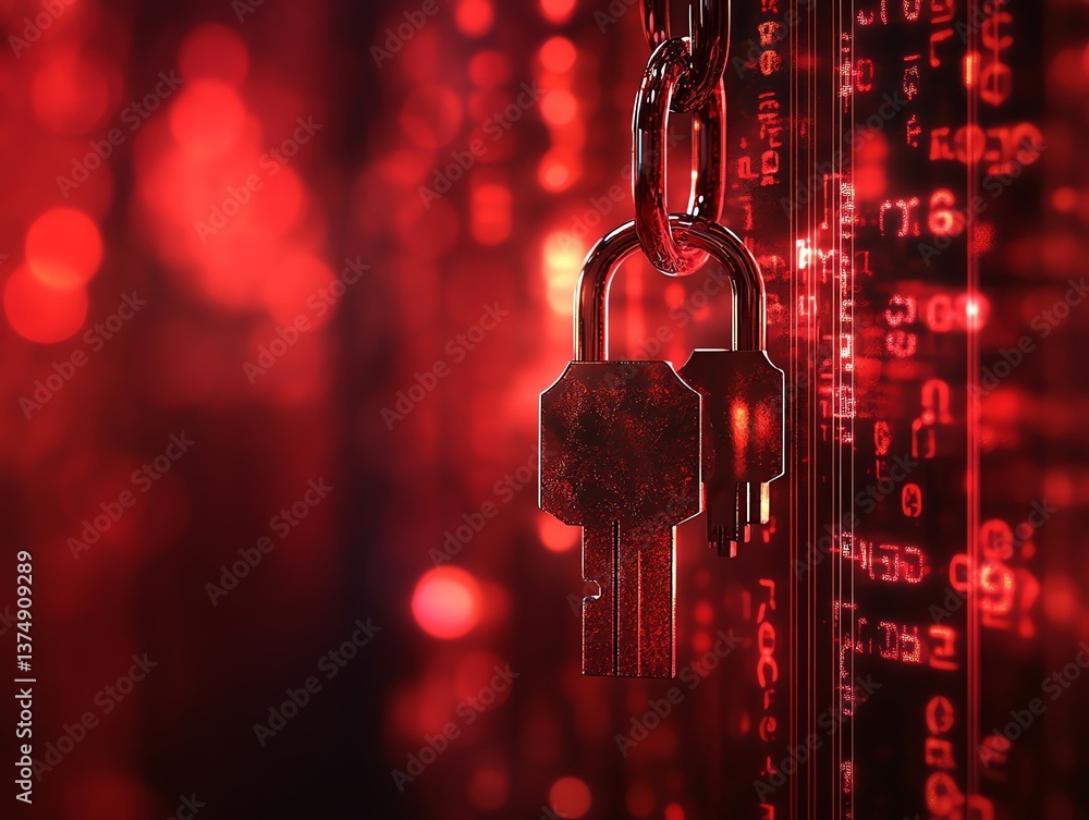 Poster hanging padlock and keys on chain with digital background glowing red