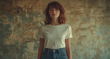 Naklejka premium Trendy Young Woman in Casual Outfit Posing Against Urban Background
