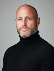 Obraz premium Portrait of a middle-aged man with a bald head and a beard. he is wearing a black turtleneck sweater and is looking directly at the camera with a serious expression.
