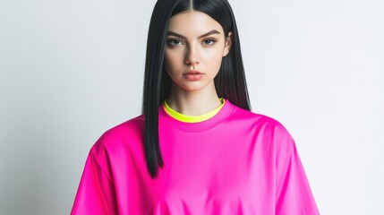 Fototapeta premium Trendy Young Woman in Neon Pink Oversized T-Shirt on Light Background