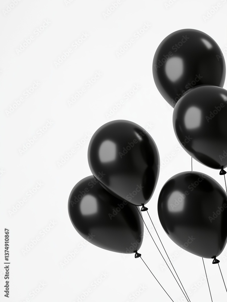 Poster group of six black balloons floating in the air. the balloons are of different sizes and shapes, wit