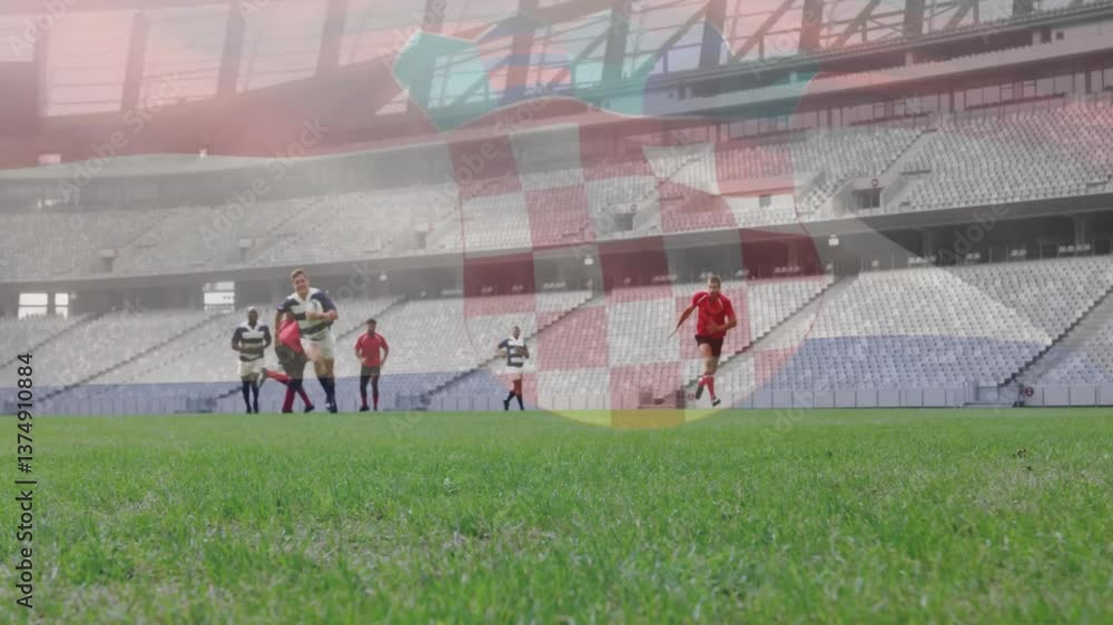 Poster rugby players running on field with stadium and flag animation overlay