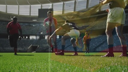 Tackling on field, rugby players competing with stadium backdrop during match