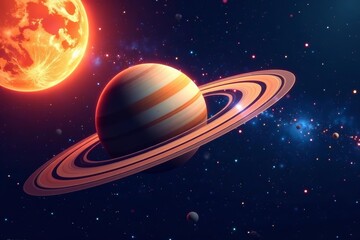 Illustration of Saturn's iconic rings in outer space with stars and planets, rings, backdrop
