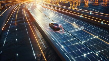 A car is driving down a highway with a lot of lights