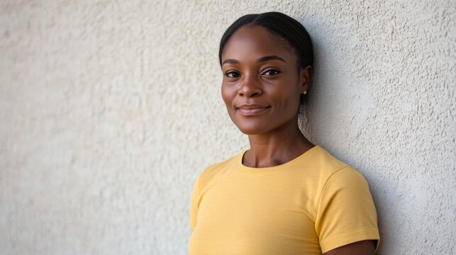 Confident Black Woman in Yellow Shirt Smiling Against Neutral Wall Background