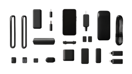 Collection of smartphone accessories, charger, cable, and stand,Transparent background, PNG file background,